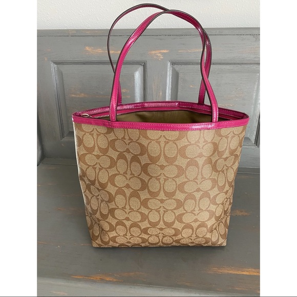 Coach Signature stripe tote bag, khaki/magenta - Picture 3 of 8